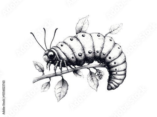 Black sketch caterpillar, vintage engraving style, retro insect drawing, seasonal garden illustration, natural decor motif, old scientific art, botanical line art, spring nature design