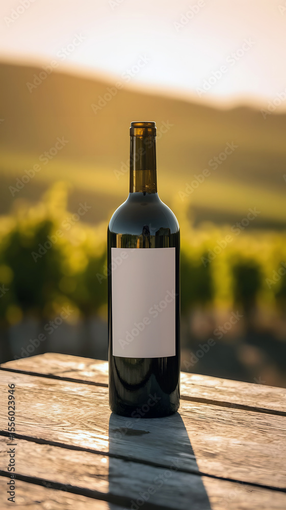 Fototapeta premium A dark glass wine bottle with a blank label rests gracefully on a weathered wooden table, illuminate