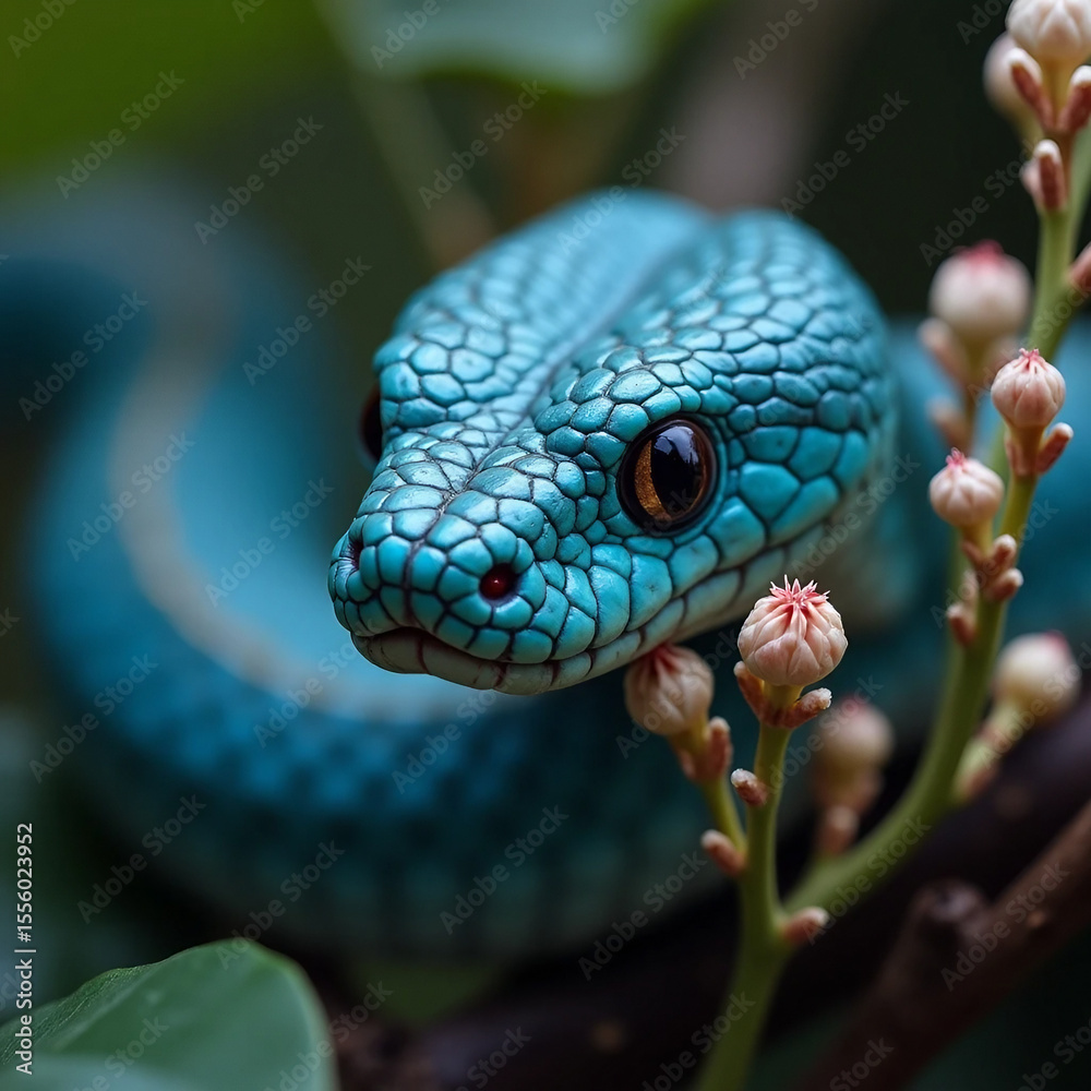Fototapeta premium Jewel of the Jungle: A Blue Viper's Gaze