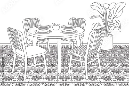 Dining room scene with a round table and four chairs.
