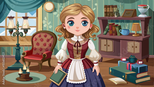 close up Wearing a historical dress with lace trim and boots, the American Girl doll stands proudly in a cozy parlor setting. Her expressive eyes reflect lamplight, and a mini book rests in her hand. 