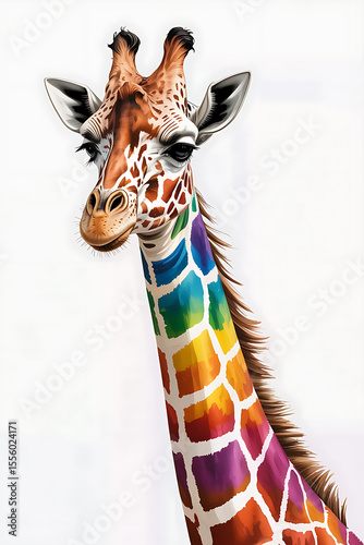 Giraffe with a rainbow patterned neck.
