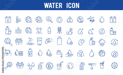 Water icon set. Containing water drops, water sources, protection,   Drop Water, Mineral Water, Shower, Plastic Bottle,  and more