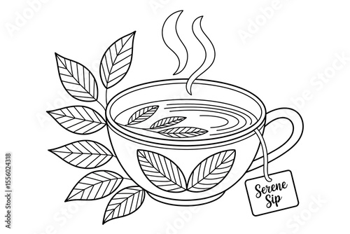 Warm cup of tea, surrounded by leaves, serene sip.
