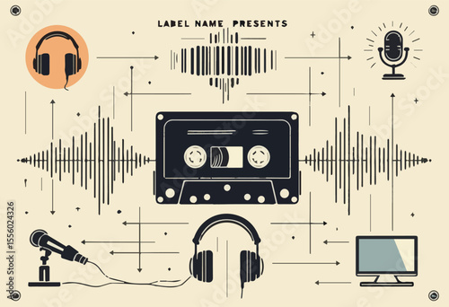 Vector illustration of a vintage audio cassette tape, isolated on white background. Perfect for retro music, analog technology, recording media, and nostalgic sound equipment concepts.

