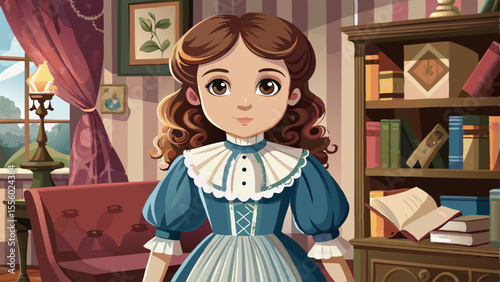close up Wearing a historical dress with lace trim and boots, the American Girl doll stands proudly in a cozy parlor setting. Her expressive eyes reflect lamplight, and a mini book rests in her hand. 