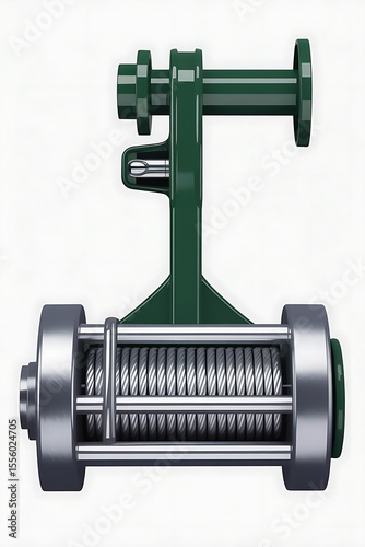 Industrial winch mechanism, metal and green parts.
