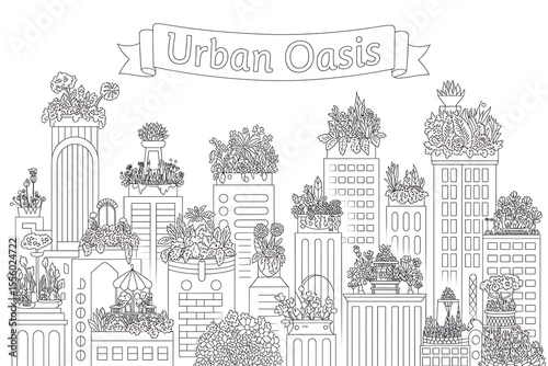 Urban cityscape with rooftop gardens.
