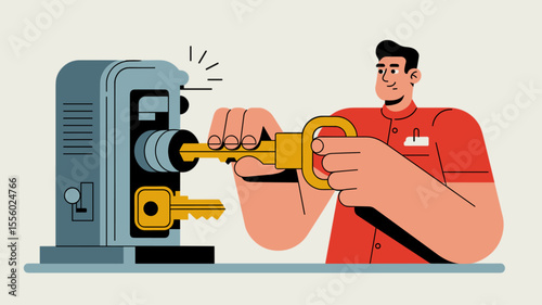 locksmith operating a key duplicating machine, vector illustration for key cutting service, security and access control