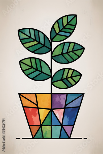 Abstract plant in a colorful pot, geometric design.
