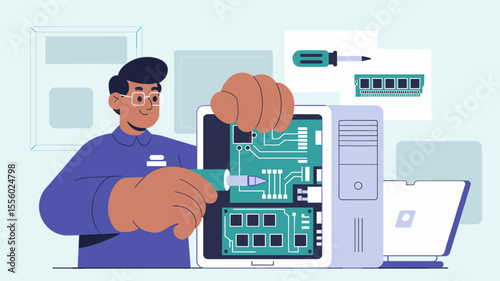 it technician repairing computer hardware, vector illustration for pc building, system maintenance and technical support service