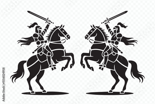 two medieval knights in full armor on rearing horses with swords vector illustration