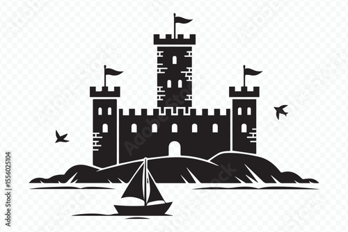 castle silhouette vector illustration with towers flags sailboat birds hillscape ideal for historical nautical graphic projects