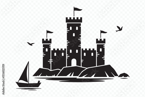 fantasy castle vector silhouette with medieval towers flags and sailboat against sky for epic architectural design