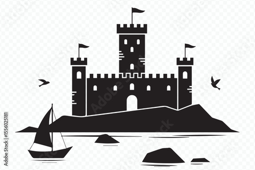 black and white castle vector silhouette on hill with sailboat birds for vintage medieval scenery and background art