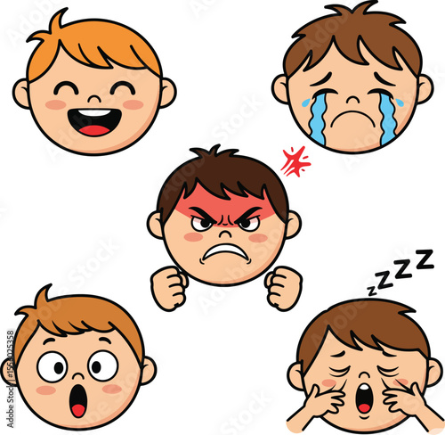  Daily emotion faces of cute kids – happy, sad, angry, surprised, sleepy – round cartoon heads with bold outlines, playful vector for education and kids design