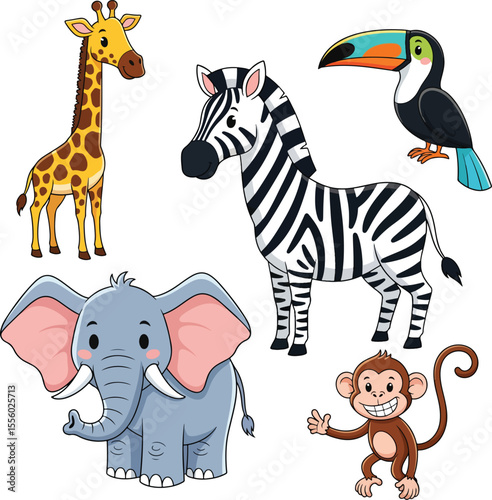 Stylized jungle animals set – giraffe, zebra, elephant, toucan, monkey – in fun cartoon vector style with clean lines, bright color palette, traceable shapes..