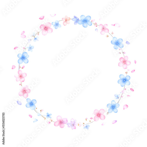 Floral wreath with pink and blue flowers. Perfect for wedding invitations, cards, and other romantic projects.