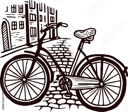 Vintage hand drawn illustration of classic bicycle on cobblestone street with historic buildings