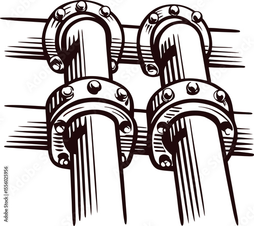 Industrial steel pipelines with bolted flanges in vintage engraving style, detailed hand drawn illustration