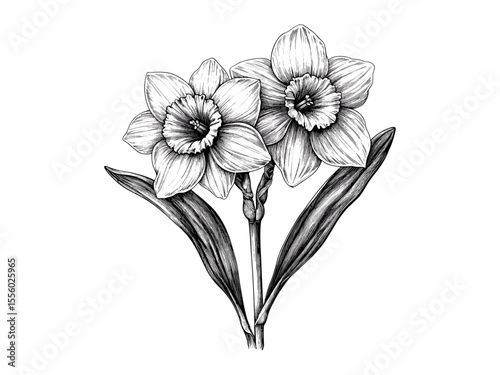 Vintage spring daffodil flower engraving, hand-drawn line art, black sketch design, antique floral artwork, engraving style, seasonal bloom illustration, retro garden decor