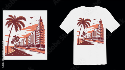 
Tropical Cityscape with Palm Trees and Cars Retro T-Shirt Design