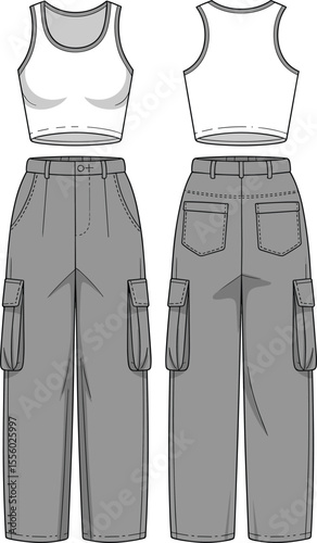 Trendy Women's Cropped Tank Top and Cargo Pants Outfit Flat Fashion Sketch, Casual Streetwear Apparel Set