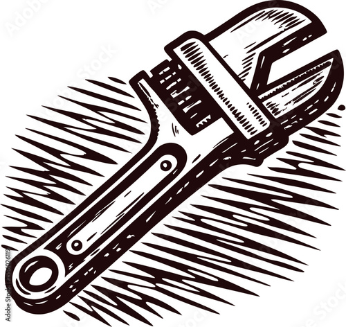 Vintage engraved illustration of adjustable wrench isolated on white background, hand drawn retro for tool collection