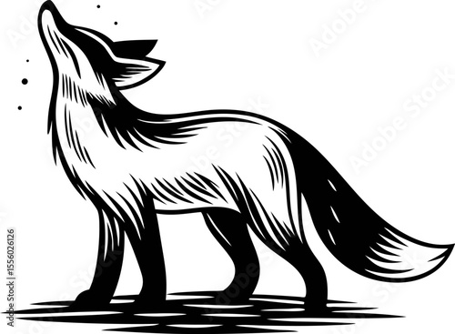 Howling fox in stylized black and white woodcut illustration with textured fur and raised tail
