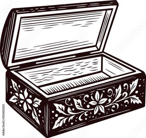 Hand drawn wooden jewelry box with floral ornament and open lid isolated on white background illustration