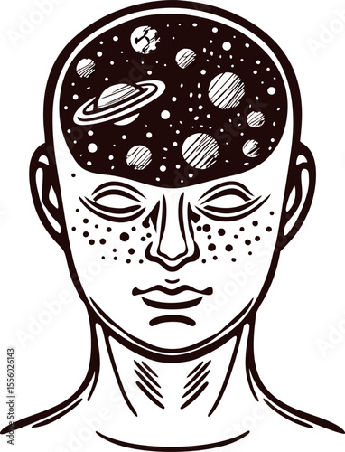 Surreal illustration of a human head with open mind filled with planets, stars, and cosmic elements in monochrome line art
