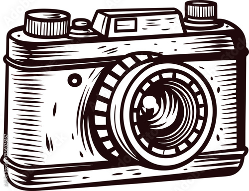 Vintage hand drawn camera illustration with detailed engraving and classic retro design isolated on white background
