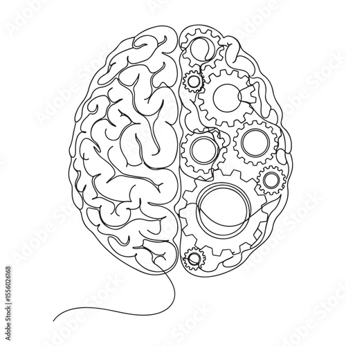 Black and white line art of a human brain with gears