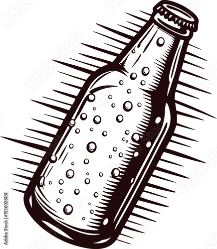 Vintage engraved drawing of a soda bottle with bubbles hand drawn sketch illustration on white background