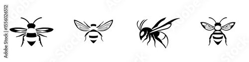 Black icons featuring various stylized bee designs with distinct shapes and features in a minimalistic style