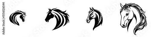 Black icons of various horse head designs showcasing different styles and artistic interpretations during a contemporary art display