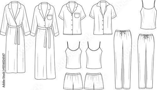 Complete Women's Sleepwear and Loungewear Collection Flat Fashion Sketch Set, Pajamas and Robe Apparel Templates