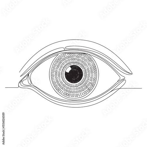 Black and white line art of an eye with binary code iris