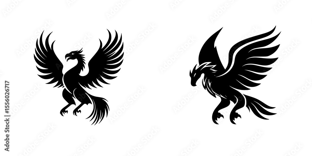 Fototapeta premium Black icons of mythical creatures featuring soaring designs for creative projects and branding applications
