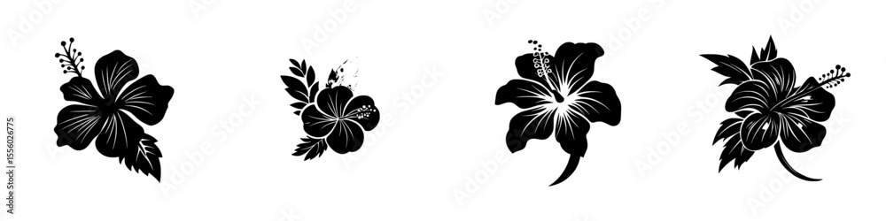 Fototapeta premium Black icon set featuring detailed hibiscus flower designs for graphics and creative projects
