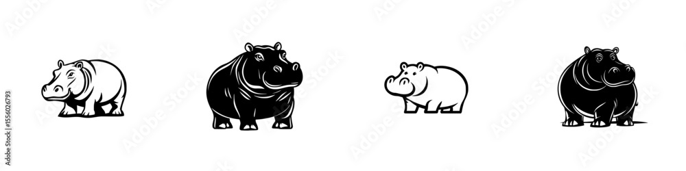 Obraz premium Stylized black and white hippo icons showcasing different designs and postures in a minimalist style
