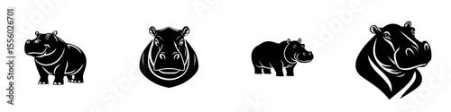 Black icons of a hippopotamus featuring different poses and perspectives in a clean, minimalist style