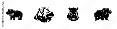 Variety of black icons depicting hippos showcasing different expressions and poses in a minimalistic design style