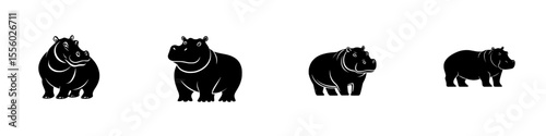 Black icons depicting a series of hippos in varying sizes and poses illustrating animal characteristics