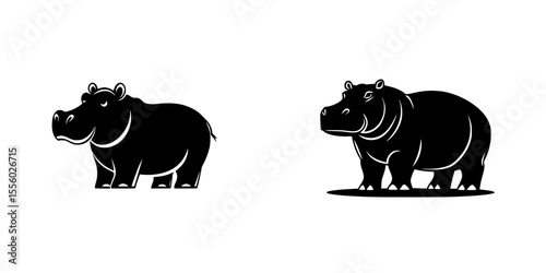 Black silhouette icons of hippopotamus depicting different postures and styles