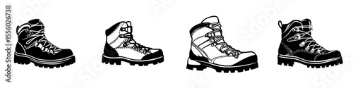 Diverse black hiking boot icons showcasing different styles and designs suitable for outdoor adventures and exploration