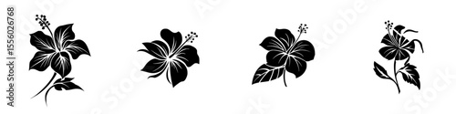 Set of black hibiscus icons on a white background featuring various floral designs and arrangements for decorative purposes