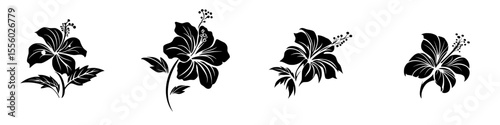 Elegant black hibiscus flower icons arranged in a line showcasing different styles and details in a minimalistic design setting
