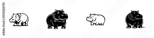 Stylized black and white hippo icons showcasing different designs and postures in a minimalist style