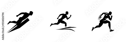 Stylized black icons depicting silhouettes of athletes in various running poses, showcasing dynamic movement and athleticism